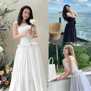  Đầm ống cúp ngực nhún thun dáng xòe trắng đen đầm váy maxi bo chun dáng xòe thiết kế sang chảnh cho nàng đi biển-MP 