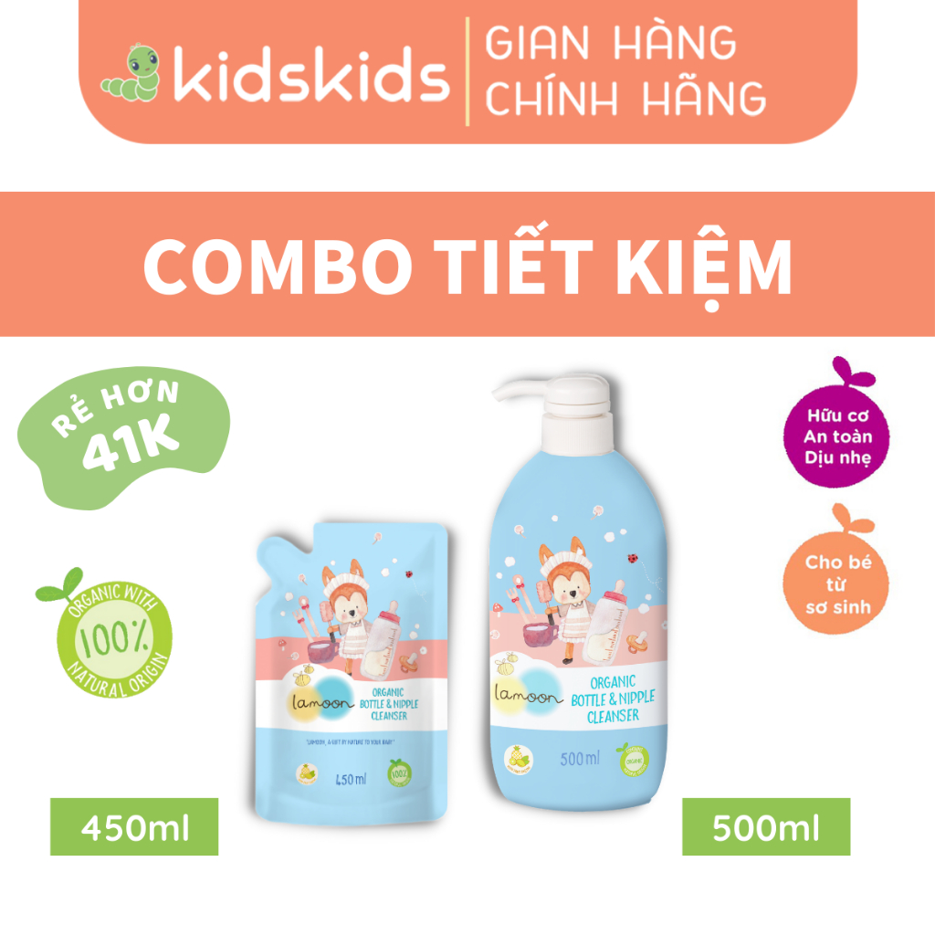 COMBO Nước Rửa Bình Sữa Organic An Toàn Cho Bé Lamoon Dạng Bình 500ml + Túi Refill 450ml