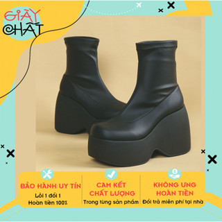 Bốt nữ cao cổ chất da mềm cá tính, Boot nữ cổ lửng Gothic Đế Bánh Mì 12 cm Phong Cách Nhật Bản Mẫu Mới