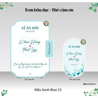 Combo thẻ cảm ơn + tem dán chai cưới hỏi mẫu xanh blue 23