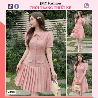 V498 Váy hồng cổ sen dáng xòe xếp ly nữ tính đầm hồng A xòe xếp ly túi nắp trẻ trung