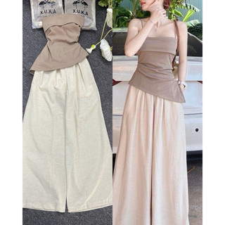 Sét nude áo 2 dây xếp ly quần suông lưng thun đi biển