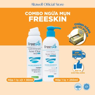 Combo Tắm + Xịt Mụn Cơ Thể Freeskin - Hỗ Trợ Giam Mụn, Mơ Thâm, Nang Lông, Tái Tạo Da Sau Mụn.