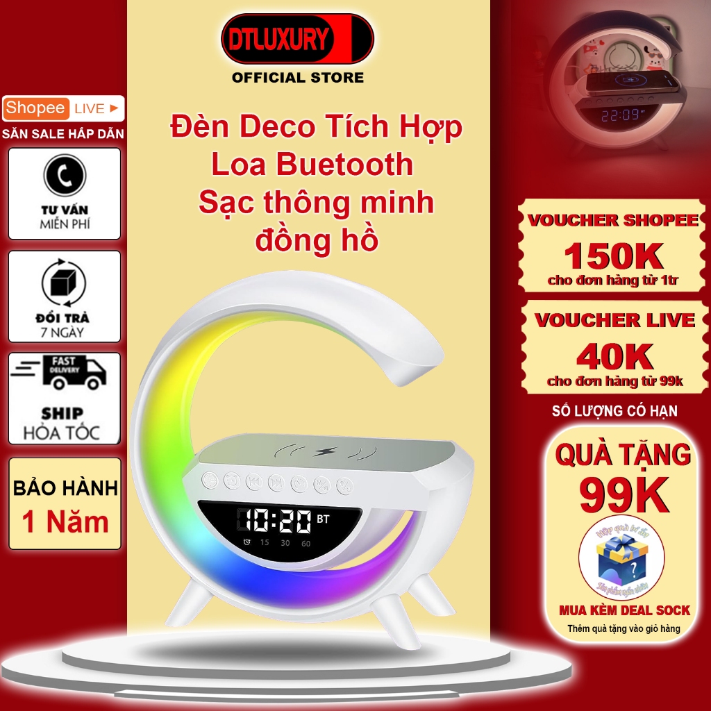 Đèn bàn deco DTLUXURY BT3401/DT08 đèn ngủ led RGB tích hợp đồng hồ hiển thị loa bluetooth nghe nhạc 