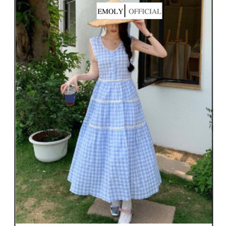 Đầm maxi ,Váy phối ren tầng dài dáng bồng xòe họa tiết kẻ xanh dương bồng xòe thời trang mùa hè