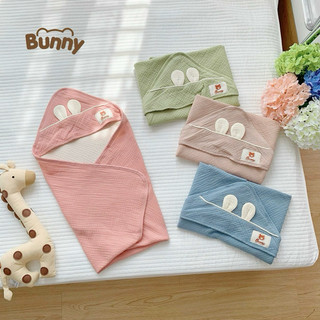 Khăn choàng ủ xô bunny muslin 4 lớp hoạ tiết trơn có mũ thoáng mát cho bé sơ sinh