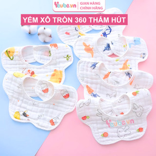 Yếm Vải Xô Tròn YEUBEVN 6 Lớp Cúc Bấm Aden Nền Trắng Siêu Thấm Hút Mềm Mại Cho Bé Ăn Dặm