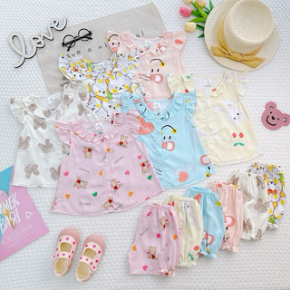 NT187 Bộ lanh cộc tay dáng cánh tiên, cổ bèo cài cúc dọc cho bé gái, bộ tôn tole sát nách cho bé gái
