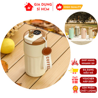 Ly giữ nhiệt coffee 420ml nắp gấu có hiển thị nhiệt độ chất liệu inox 304 giữ nhiệt 8 tiếng
