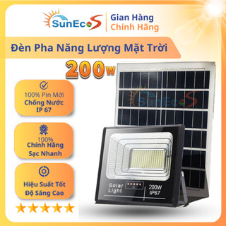 Đèn pha năng lượng mặt trời 200W Suneco, đèn pha led năng lượng mặt trời có báo dung lượng pin, chống nước IP67, BH 2năm