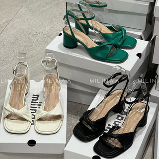 Giày sandal nữ gót trụ tròn 5p bản ngang xoắn hậu hở gót vòng cổ f0625