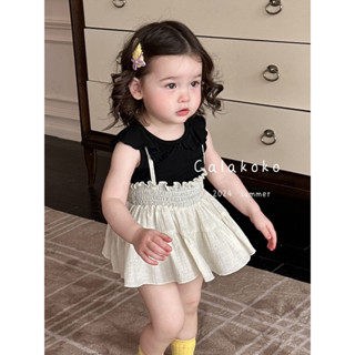 (Sẵn 80) Set Áo cổ bèo và chân váy 2 dây nhún eo phong cách Hàn Quốc dành cho bé gái