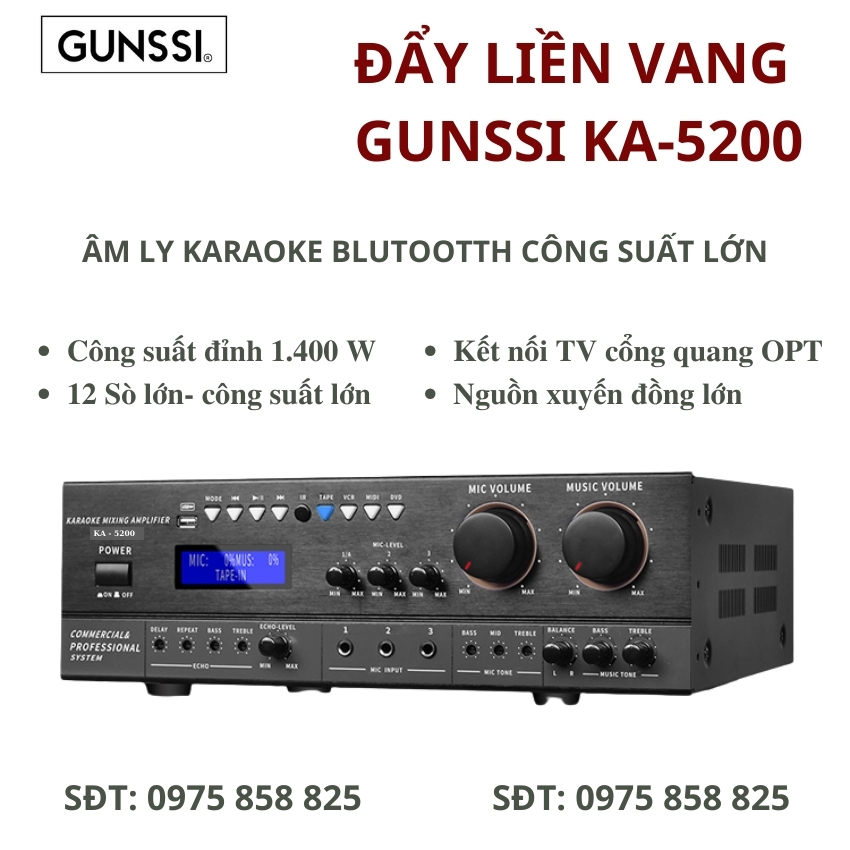 Đẩy liền vang Gunssi AV 5200, Amply karaoke bluetooth gia đình công suất lớn
