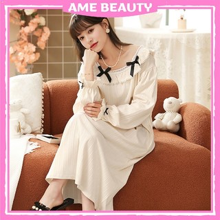 Váy Ngủ Nữ Tay Dài Cotton Mềm Mại AmeBeauty, Đầm Ngủ Nữ Thoáng Khí Mã 1056
