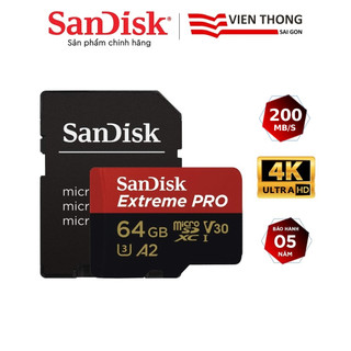 Thẻ nhớ microSDXC SanDisk Extreme Pro 64GB UHD 4K video V30 A2 tốc độ upto 200MB/s + Adapter (SDSQXCY-064G-GN6MA)