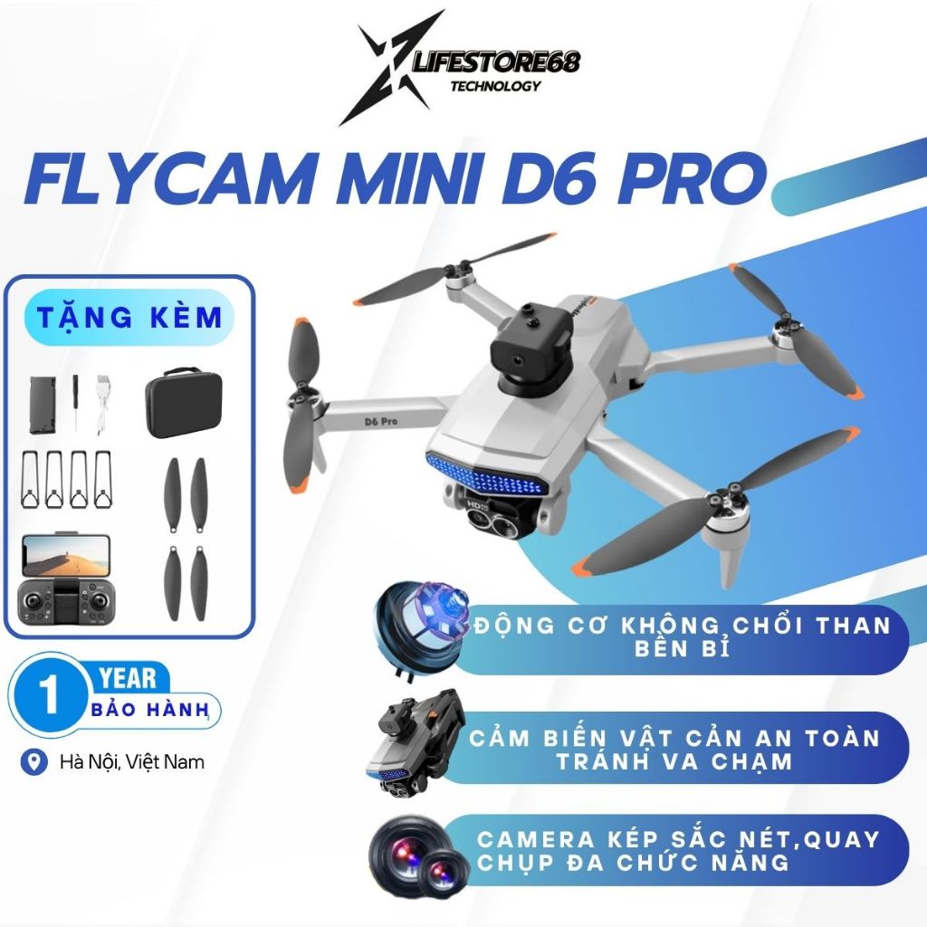 Flycam mini D6 Pro,Drone mini động cơ không chổi than tự cân bằng chống va chạm,Máy bay zlifestore68