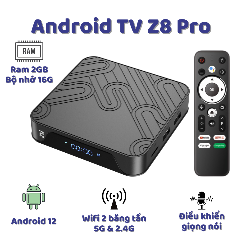 Android Tivi Box Magicsee Z8 pro 2024 - Android 12 - 2G Ram và 16G bộ nhớ kèm khiển giọng nói