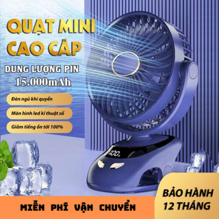 Quạt Tích Điện Để Bàn Tích Hợp Đèn Ngủ Cao Cấp, Quạt Kẹp Bàn Tích Điện Pin 15000Ah Có Màn Hình Hiển Thị Pin Mẫu 2024