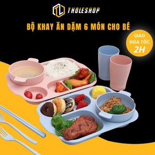 Khay tập ăn lúa mạch 6 món cho bé, đũa, chén, thìa, nĩa, cốc tholeshop 5297