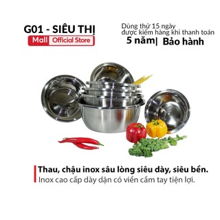 Combo 5 chậu inox sâu lòng siêu dày siêu bền có viền cầm tay tiện lợi đường kính 24cm