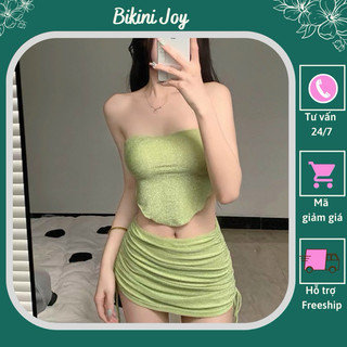 Bikini áo yếm kèm chân váy rút dây xanh cốm
