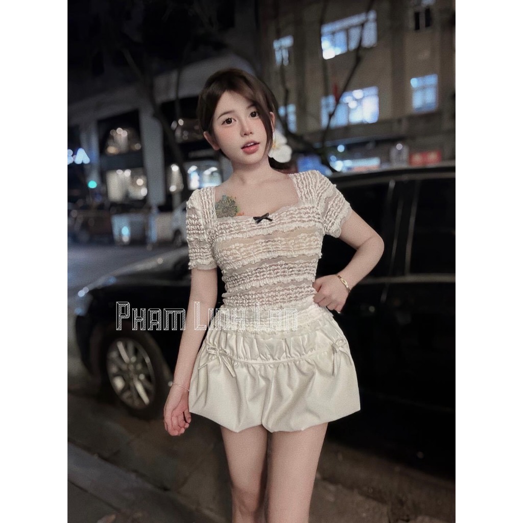 Set áo ren dài tay kèm quần   đùi bồng, set đồ nữ áo thun dài tay đính nơ mix váy 2 lớp TKCC LOẠI 1