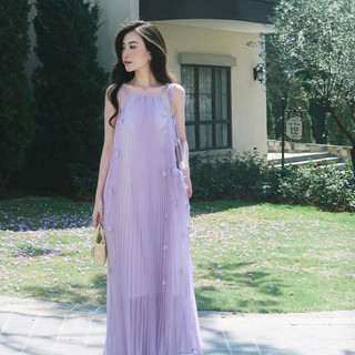 Đầm váy hai dây lá dáng maxi 3 màu, Váy hai dây kèm hoạ tiết lá dài đi chơi đi biển mùa hè xếp ly VÀNG TÍM XANH REMAKE