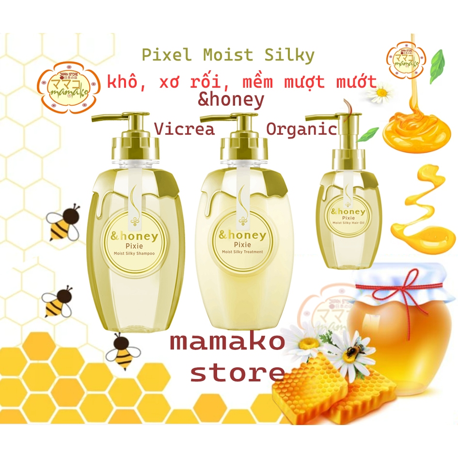 MÙI MỚI/Dầu gội &honey Vicrea Organic dưỡng ẩm mật ong Pixie/dòng Pixie Moist Silky/ dành cho tóc khô,rối, mềm mượt mướt