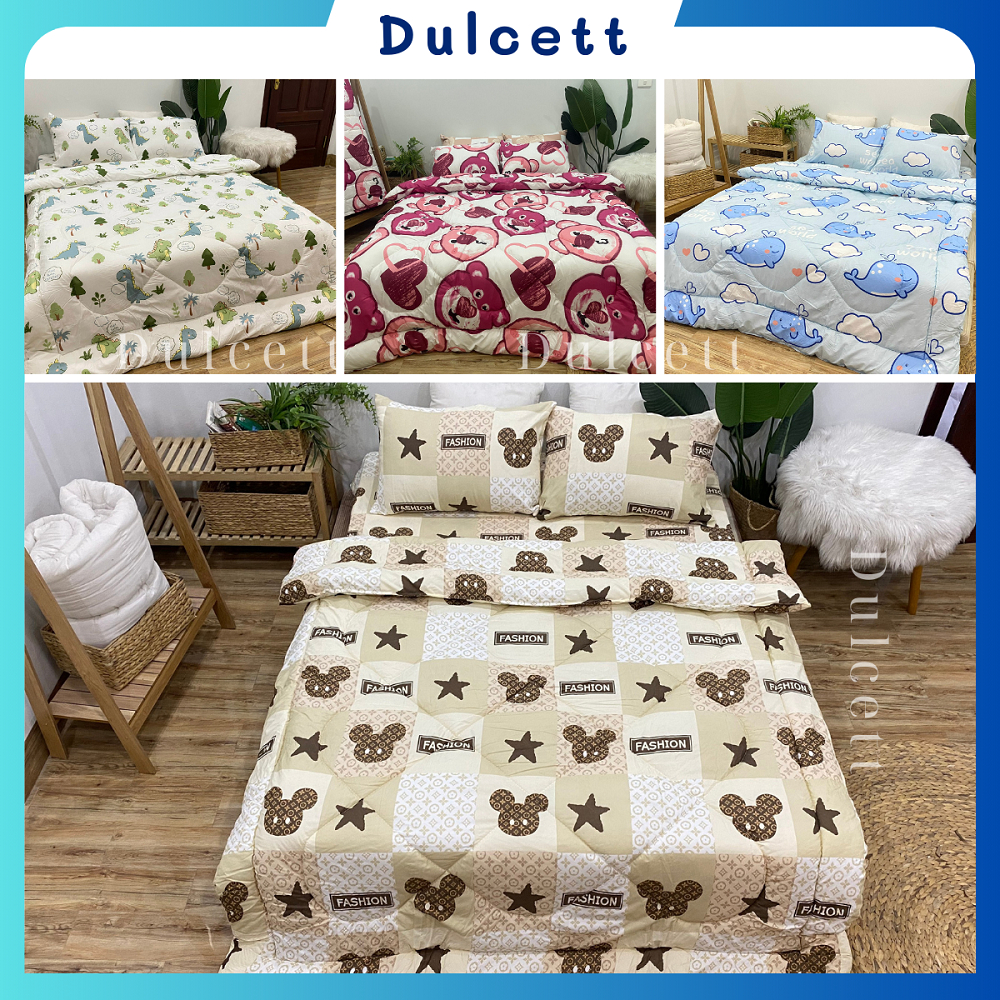 Bộ chăn phao 5 món ( 1 ga+ 2 vỏ gối đầu + 1 vỏ gối ôm + 1 chăn chần bông) Chat liệu Cotton Poly mềm 