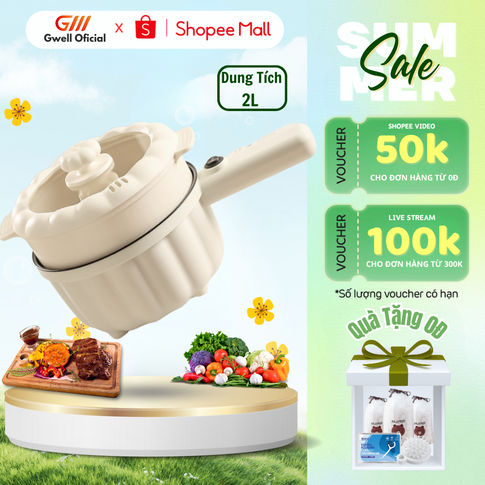 Nồi Điện Bí Ngô Mini GODWELL 2 Tầng Đa Năng Dung Tích 2l, Tự Động Ngắt, Nồi Lẩu, Hấp, Chiên, Xào