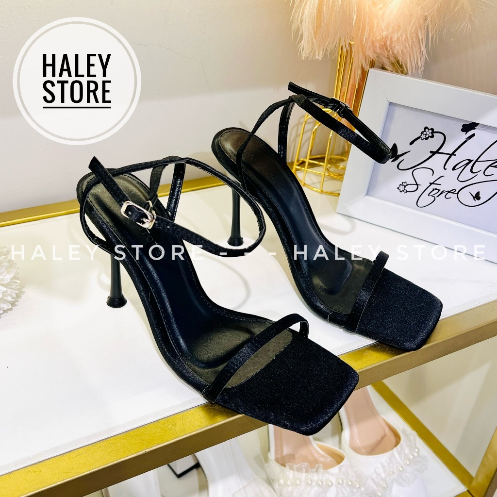 Giày sandal quai trơn HALEY STORE cao gót 9cm trắng đen quai ngang dây mảnh tiểu thư công chúa đi ch