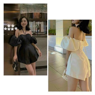 Đầm thời thượng chất tapta cổ yếm tay rớt có cúp ngực dáng ngắn sang chảnh