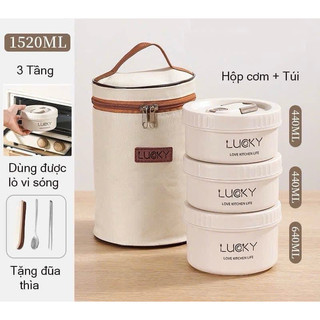 Bộ hộp cơm 3 tầng tặng kèm thìa đũa và túi quai xách, hộp cơm văn phòng 3 tầng quay lò vi sóng tiện lợi