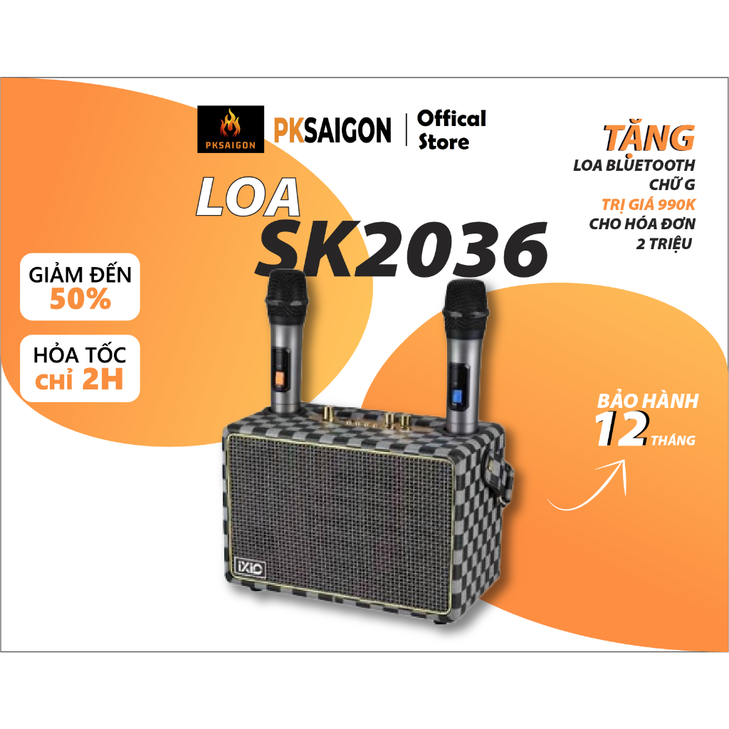 Loa Bluetooth Karaoke SK-2036 Bản Mới Công Suất Lớn, Thiết Kế Chất, Kèm 2 Mic Không Dây Hát Karaoke 