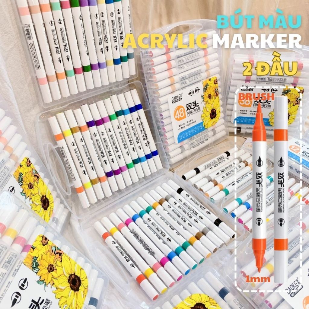Bút Màu Acrylic Marker 2 Đầu Vẽ Đa Chất Liệu BAOKE Bộ 12/24/36/48 - Bút Sơn Không Trôi BAOKE
