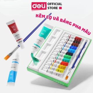 [HỌA CỤ DELI - TẶNG CỌ] Màu Nước Acrylic Dạng Tuýp 5ml Kèm Cọ Khay Màu Tô Tượng Vẽ Giày Túi Tote Tô Tượng Đất Sét Tự Khô