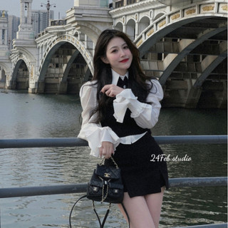 Set áo sơ mi nữ phong cách tiểu thư tay bèo kèm gile và chân váy xẻ 24FebStudio SET33