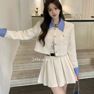  Set áo dạ tweed nữ phối cổ sơ mi kẻ kèm chân váy xếp li  có đai da  24FebStudio SET41 