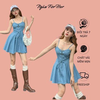 DENI DRESS- Váy Denim Hai Dây Đan Dây, Đầm Hai Dây Jean Đan Dây, Đầm Cúp Ngực Denim