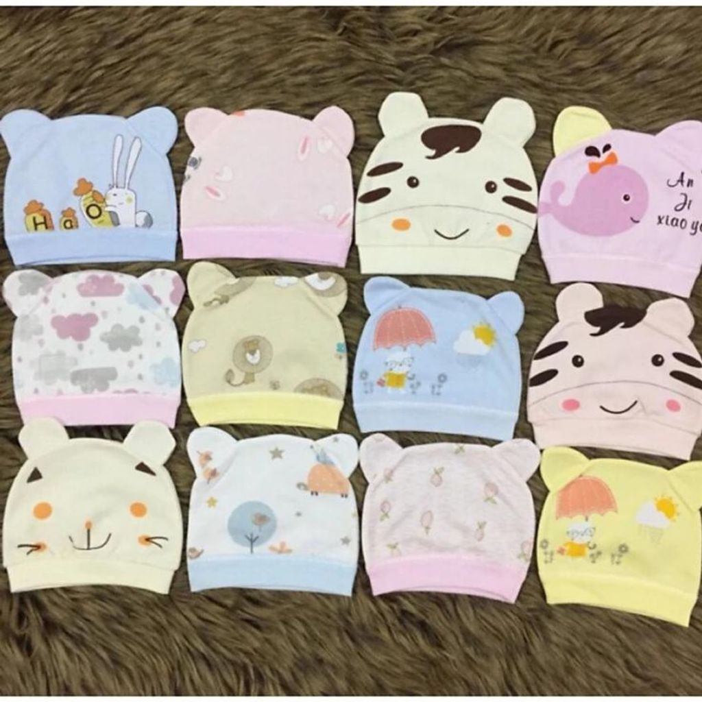 Mũ sơ sinh cotton tai gấu hoạ tiết đáng yêu