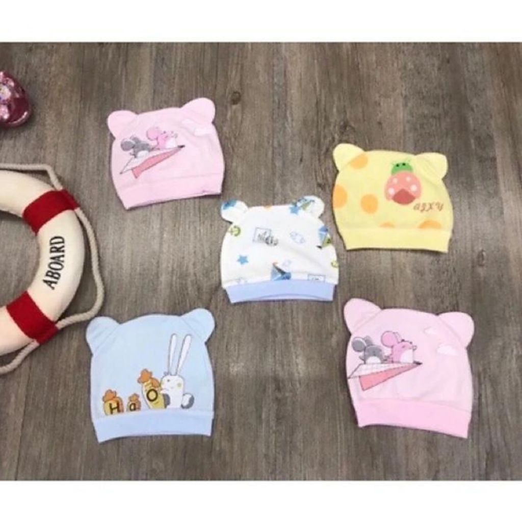 Mũ sơ sinh cotton tai gấu hoạ tiết đáng yêu