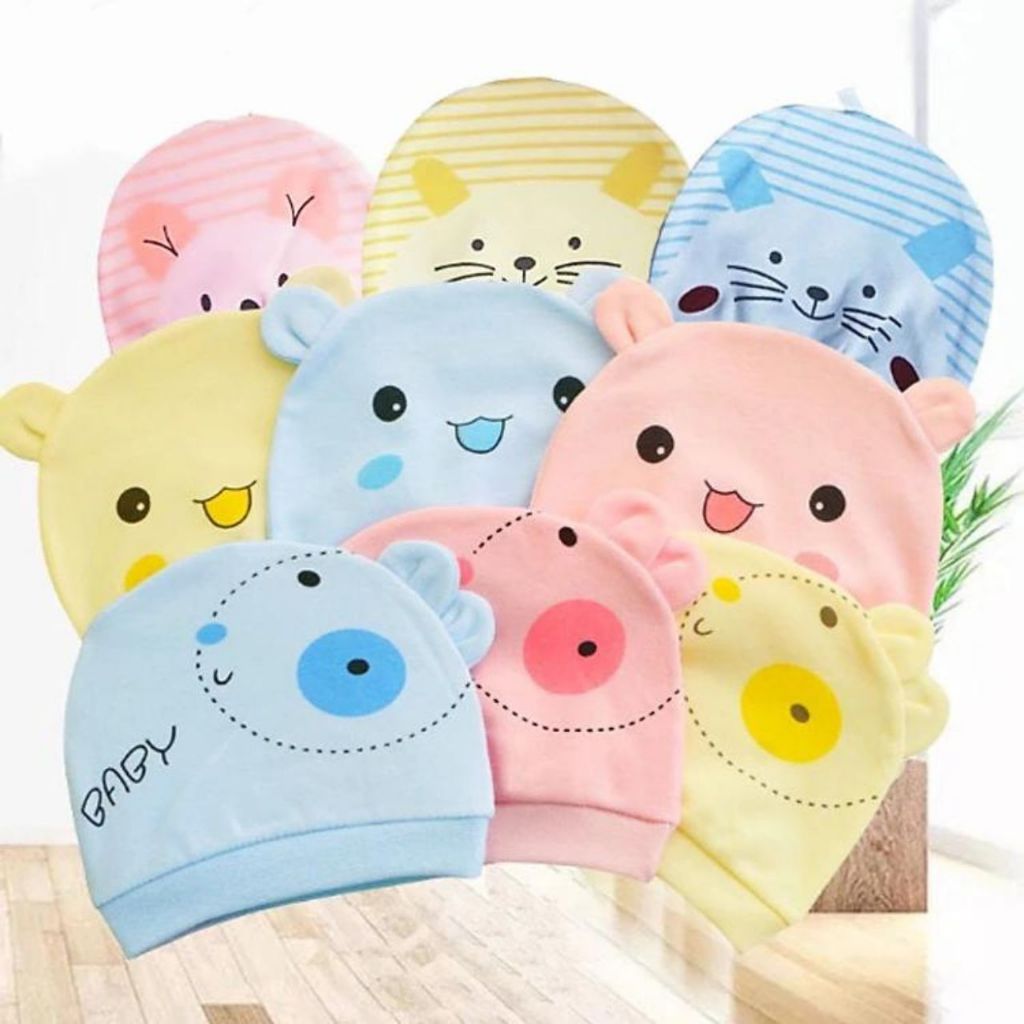 Mũ sơ sinh cotton tai gấu hoạ tiết đáng yêu
