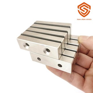 Nam châm đất hiếm 60x20x10mm 2 lỗ bắt vít từ tính siêu mạnh