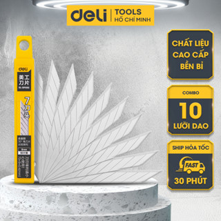 Hộp 10 Lưỡi Dao Rọc Giấy Deli, Chất Liệu Thép Hợp Kim Siêu Bền, Sắc Bén, Mũi Dao 30 Độ