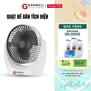 Quạt mini để bàn GODWELL tích điện động cơ không tiếng ồn 2 chế độ gió, xoay linh hoạt 210 độ pin