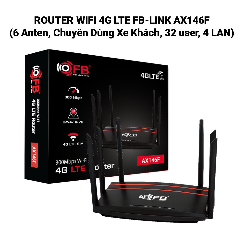 Bộ phát Wifi 4G LTE FB-Link AX146F (6 anten, chuyên dùng xe khách, 32 user, 4 LAN)