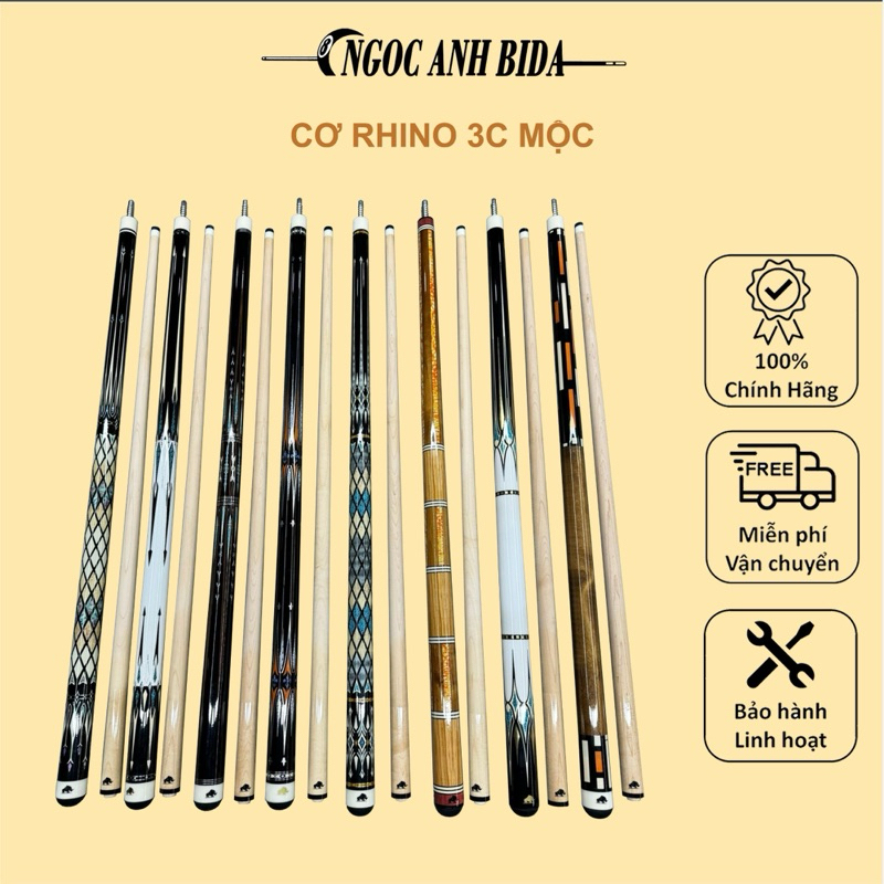 Cơ bida 3C Rhino ngọn mộc, đầu 12m,dài 71cm, đầu tẩy Rhino, phíp XTC