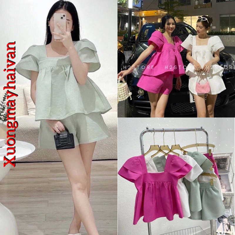 HV - [ XẢ KHO] Set Bộ Cộc Cổ Vuông Dáng Babydoll Chất Xốp Cho Mùa Hè Năng Động