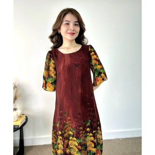 TD01 Đầm Suông trung niên tay loe họa tiết chân bông sang trọng quý phải cho quý cô, có bigsize