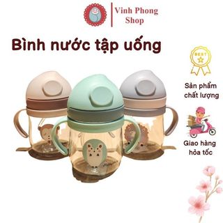 Bình nước tập hút cho bé 250ml có tay cầm, van chống sặc, ống hút silicon, bình tập uống nước cho bé